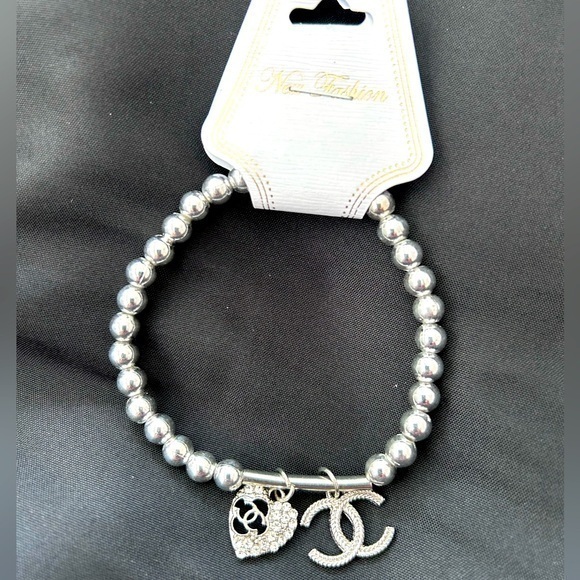 Silver Pearl-Like Beaded Bracelet with Heart and C  Charm - Picture 1 of 5